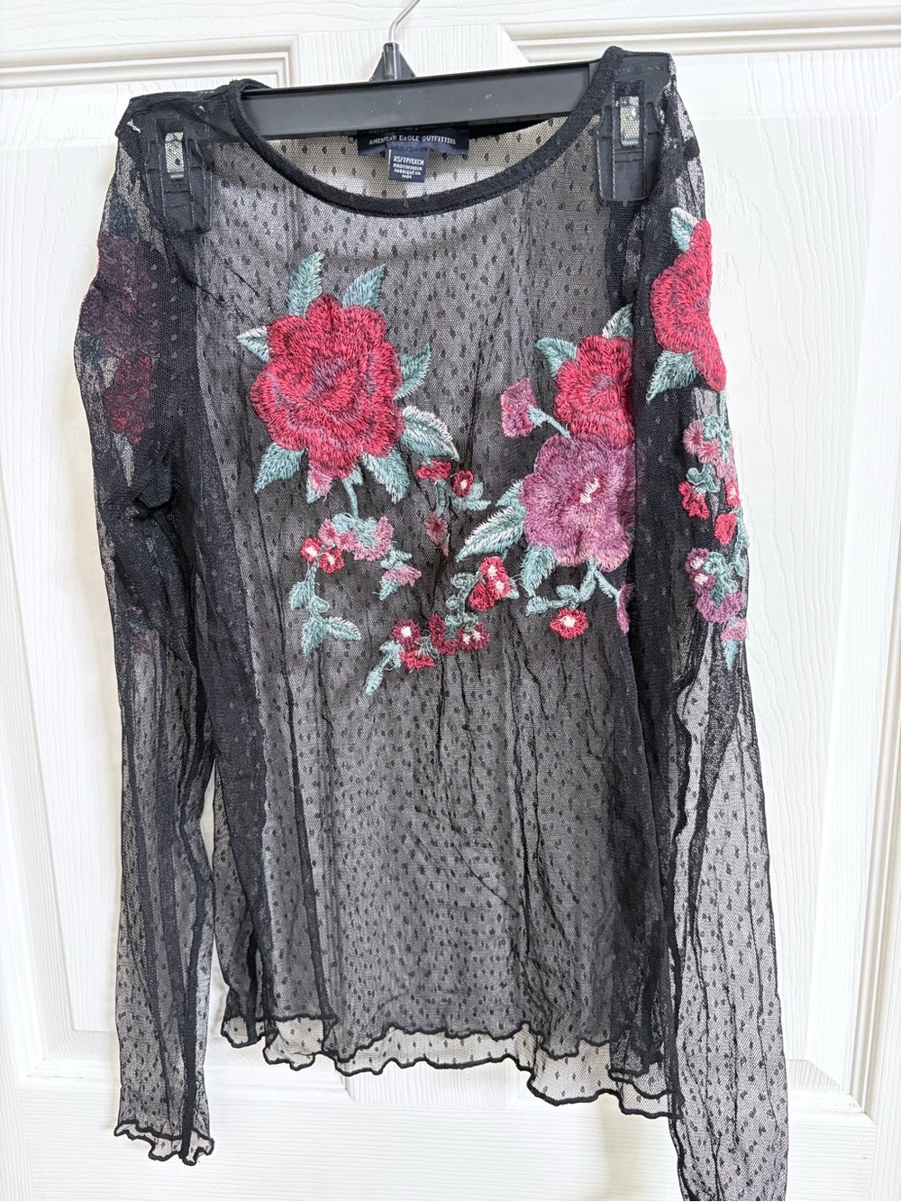 American Eagle Outfitters Black Sheer Mesh Top with Pink & Red Floral Embroidery